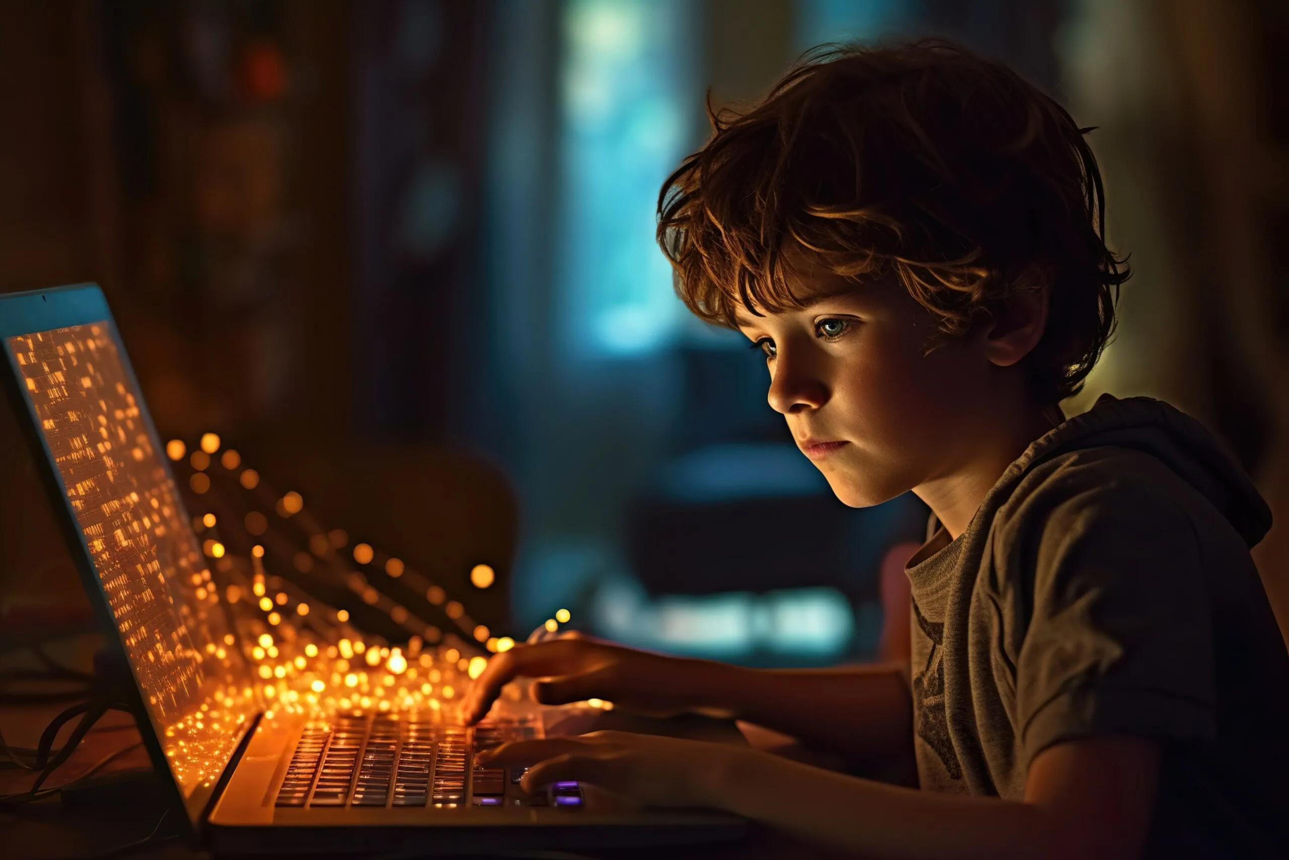 Bilgisayar başında Python kodu yazan çocuk